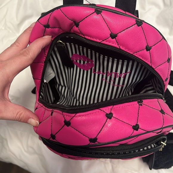 Luv Betsey Johnson Ador Mini Backpack Hot Pink Black Quilted Embroidered Hearts - Picture 5 of 9